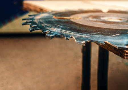Round circular saw in carpentry workshop on brown background.の写真素材