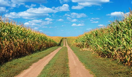 Field road in field between mature corn under blue skyの写真素材