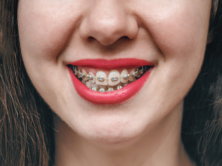 Orthodontic Treatment. Dental Care Concept. Beautiful Woman Healthy Smile close up. Closeup Ceramic and Metal Brackets on Teeth.の写真素材