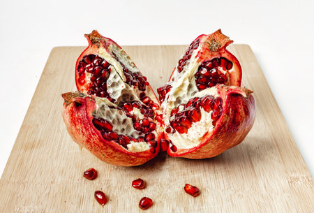 Cut pomegranate with ripe red juicy seeds on wooden board. Fruit for healthy eating.の写真素材