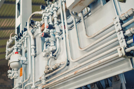 Part of equipment under pressure. Factory shop with industrial equipment, pressure gauges, pipesの写真素材