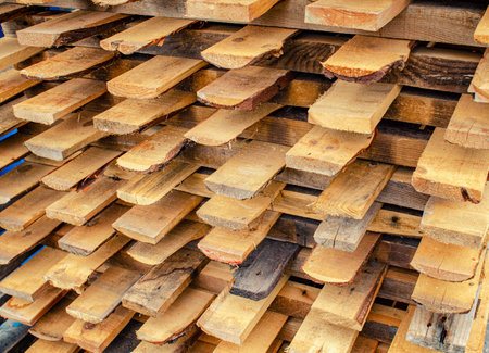 Planks made of pine wood are stacked to dry in factory