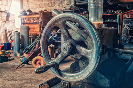 Part of a clamping machine. View of old machine in vintage workshop.