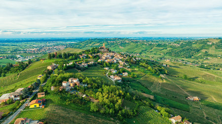 Ancient castle in the town of Cigognola, a view of the town from a height. Drone photoの写真素材
