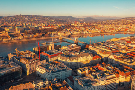 Budapest, a view from above of the houses of the old cityの写真素材