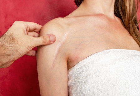 Man hand examines a postoperative scar on a woman shoulder. Healing of scars, treatment of scars on the skinの写真素材