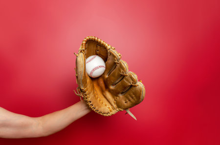 Female baseball gloved hand catches ball. Red background. Active sport, championship, victoryの写真素材