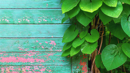 Kirkazon tubular Aristolochia tomentosa green leaves on a background of old painted boardsの写真素材