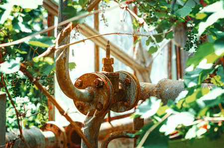 Old faucet overgrown with wild grapes in abandoned greenhouse. Rusty water pipe with broken faucet
