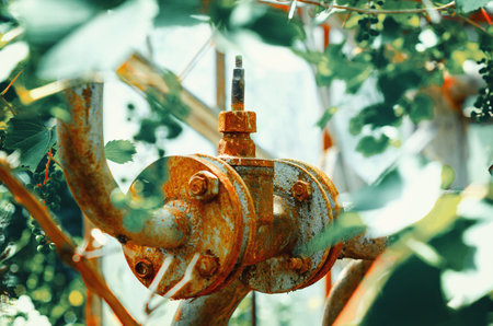 Old faucet overgrown with wild grapes in abandoned greenhouse. Rusty water pipe with broken faucetの写真素材