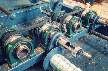 Large industrial machine with metal shafts and plates. Coils for winding wire. Industrial typeの写真素材
