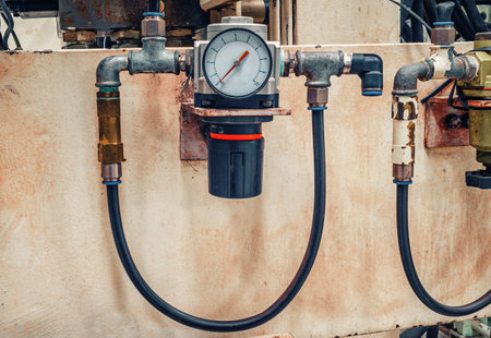 Manometer for measuring pressure against old painted wall with rubber tubes. Industrial conceptの写真素材