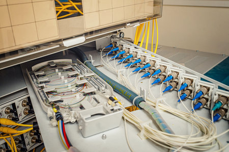 internal wiring of the optical patch panel in the wall cabinet for signal transmission via optical cablesの写真素材