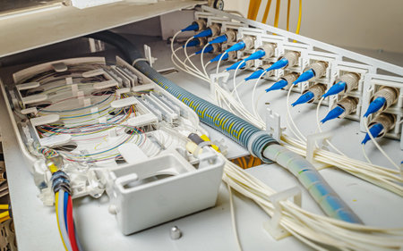 internal wiring of the optical patch panel in the wall cabinet for signal transmission via optical cablesの写真素材