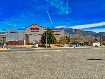 ALBUQUERQUE, NEW MEXICO, USA - March 9, 2023. CVS pharmacy on the background of mountainsのeditorial素材