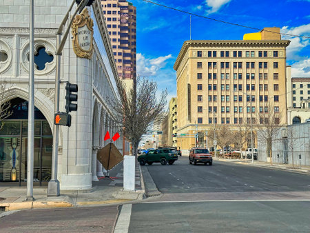 ALBUQUERQUE, NEW MEXICO, USA - March 8, 2023. Downtown view. Building insurance home and family...