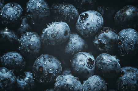Incredible sight of purple blueberries shimmering in drops of water. Wet drop blueberry backgroundの写真素材