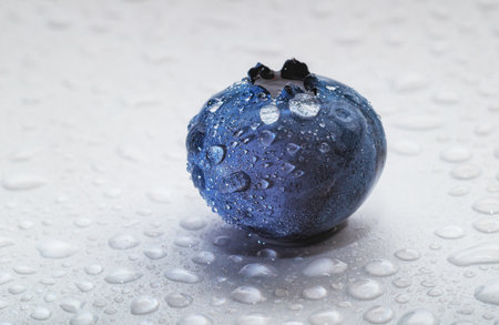 Incredible single purple blueberry shimmers in drops of water. Wet drop white background. Macroの写真素材