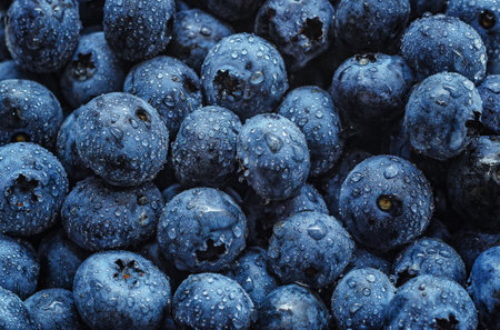 Zoomed image of ripe blueberry filling frame with bright color. Background fresh blueberry purple.の写真素材
