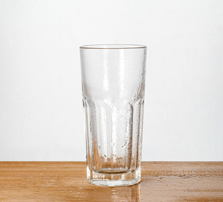 Empty glass on a wooden board with a white background. Minimalist and clean design, perfect for product display or advertisingの写真素材