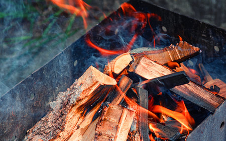 Firewood is burning in the barbecue. Lighting a fire for cooking barbecue