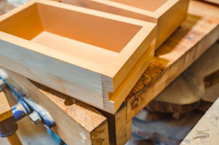 Carpentry workshop, blanks of wooden boxes in workshopの写真素材