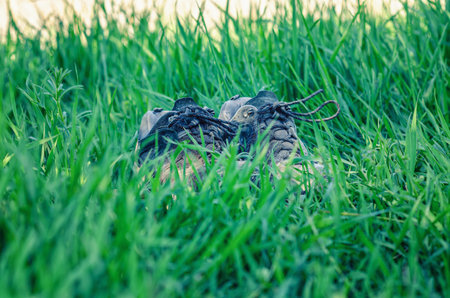 Aged athletic shoes on grass, vintage sneakers with signs of wear in fieldの写真素材