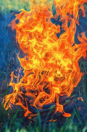 Sport sneakers in bright orange flames, blazing fire on grass creating powerful visual effectの写真素材