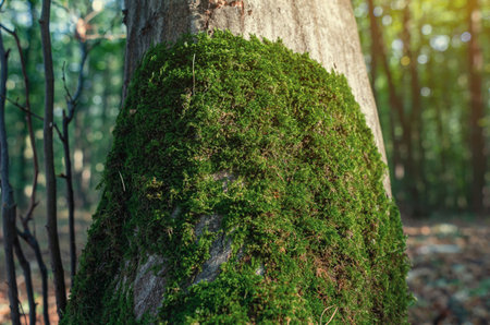 Dark green moss growing on tree trunk in forest. Fallen leaves blur background. Autumn screensaverの写真素材