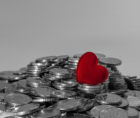 Red heart on a pile of shiny coins. Gray background. Valentine's Day card. Idea for designの写真素材