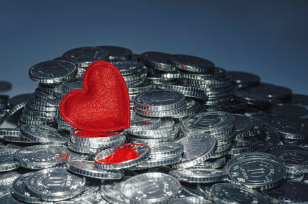 Red heart on pile of shiny coins. Dark blue background. Valentine's Day card.の写真素材
