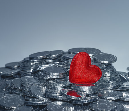 Valentine's Day greeting card. Red heart and silver coins against gray. Place for textの写真素材