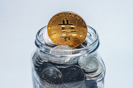 Front view of golden bitcoin on silver coins in glass jar. Gray background. Cryptocurrency blogの写真素材