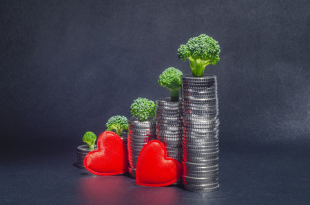 Two red hearts near columns of coins on which green trees grow. Financial assistance to ecologyの写真素材