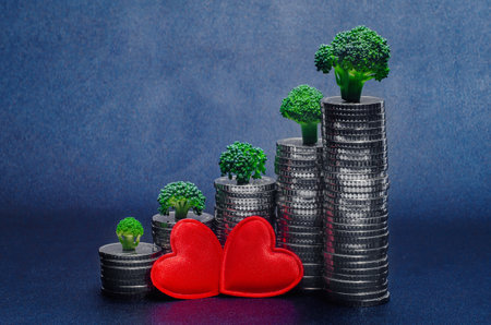 Two red hearts near columns of coins on which green trees grow. Financial aid. Dark backgroundの写真素材