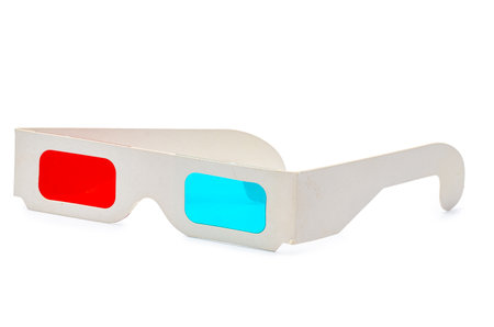Red cyan 3D glasses in cardboard on white backgroundの写真素材