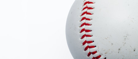 Baseball ball close-up. Seam with red threads macro.の写真素材