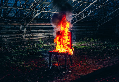 Wooden chair is on fire. Incineration of furniture. Conceptual photo, burnoutの写真素材