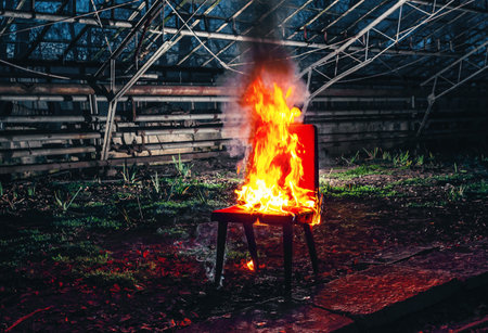 Wooden chair is on fire. Incineration of furniture. Conceptual photo, burnoutの写真素材