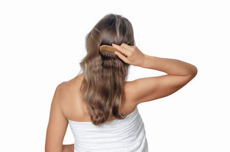 Combing woman's wavy hair after shower with wooden comb on white background. Care for healthy and clean hairの写真素材
