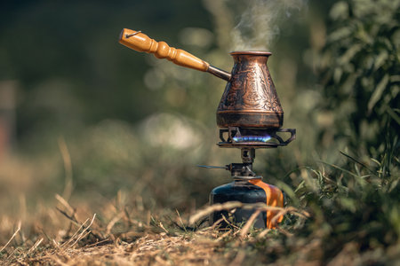 Boiling coffee in Turkish cezve on camping gas burner. Fire with blue flame and steam over hot delicious coffee. Luxury camping concept.の写真素材