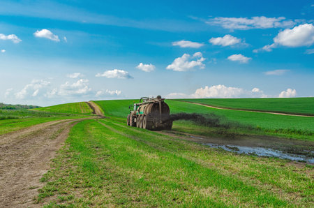 Agricultural tractor sprays manure from a tank onto green field. Manure as fertilizer in agriculture. Rear viewの写真素材