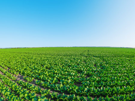 Perspective photo of green sugar beet plants in field. Green sprouts in summer field. Sun rays illuminated plantsの写真素材