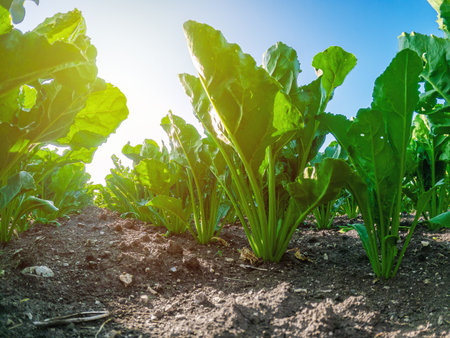 Low angle view of green sugar beet leaves illuminated by sun. Agricultural background of sugar beets. Dry soilの写真素材