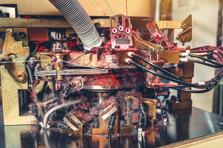 Knitting machine with yarn dust. Close-up of knitting machine with cotton yarn in sock factory. Rear...