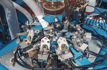 Circular knitting machine on blurred background. Textile industry, automatic knitting of socks