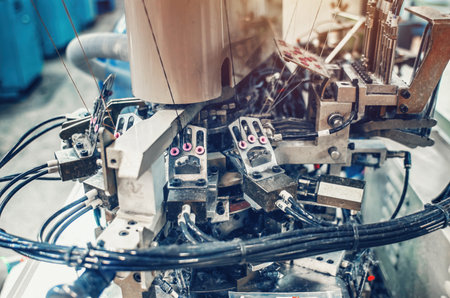 Part of sock production machine. Sock factory, automated process of automatic sock production