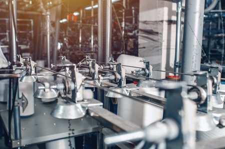 Industrial type of socks production. Sock factory, automated process of automatic socks production