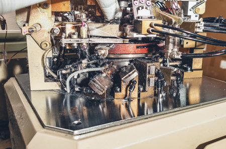 Lots of dust from threads. Image of sock knitting machine in operation. Machinery and equipment in...