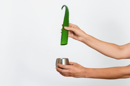 Big green aloe vera leaf and juice jar in woman's hands on gray surface, isolated. Antioxidants, organic healing, inflammation relief. Natural alternative medicine.の写真素材